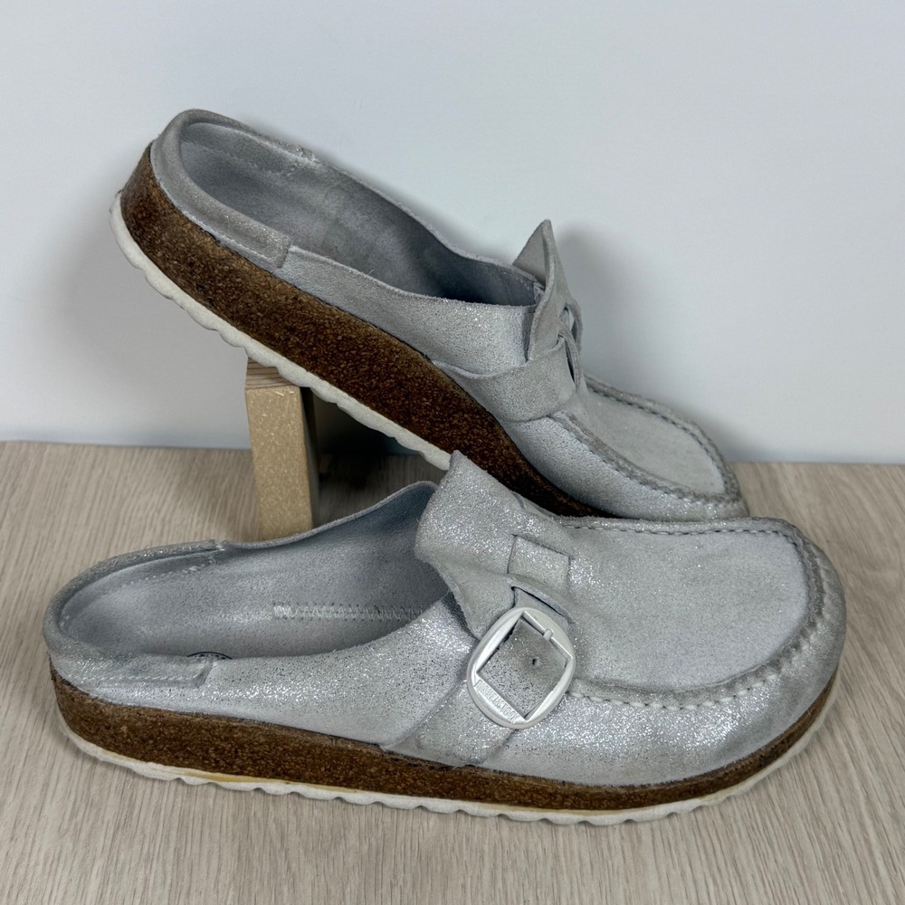 Buckley Clog Birkenstock Women 38 Silver Metallic Suede Moccasin Mules